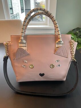 Betsey Johnson Pink Cat Face Satchel with Striped Top Handles